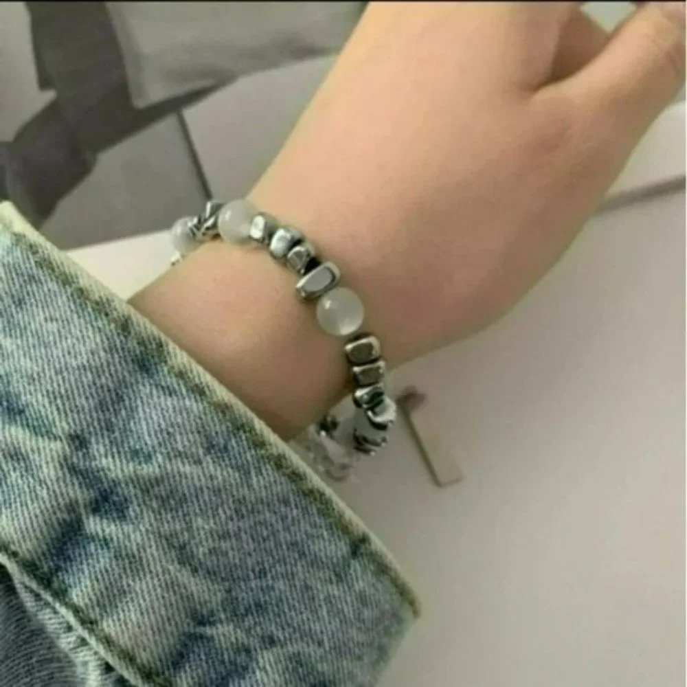 New Stainless Steel Metal Cats Eye‎ Beaded Bracelet 7in Extendable 2in